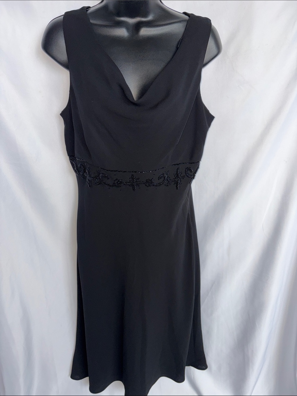 Donna Morgan Black Sheath Midi Dress Cowl Neck Sleeveless, sz 10, 19” PTP, 42” L